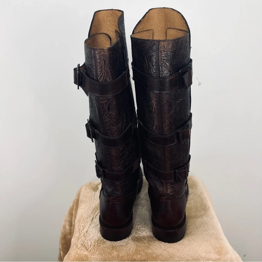 J.B. Dillon Maddie Tall Embossed Leather Harness Boots Brown Women’s 8.5B